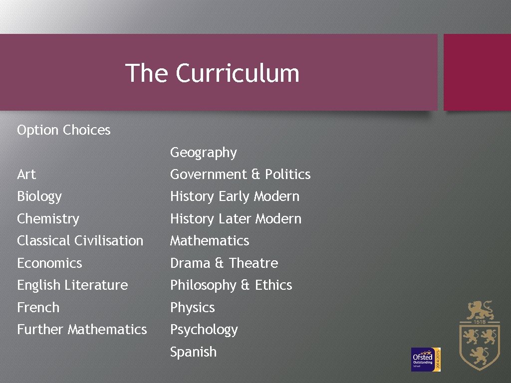 The Curriculum Option Choices Geography Art Government & Politics Biology History Early Modern Chemistry