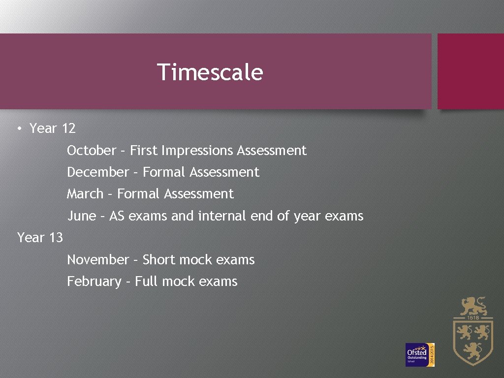 Timescale • Year 12 October – First Impressions Assessment December – Formal Assessment March