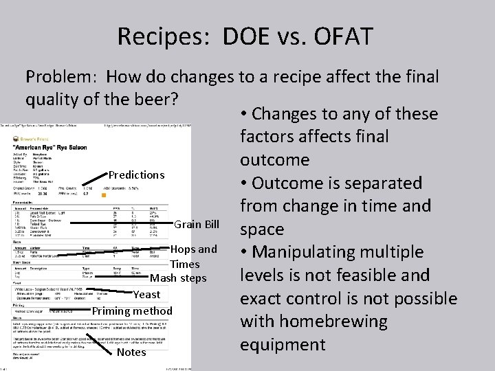 Recipes: DOE vs. OFAT Problem: How do changes to a recipe affect the final