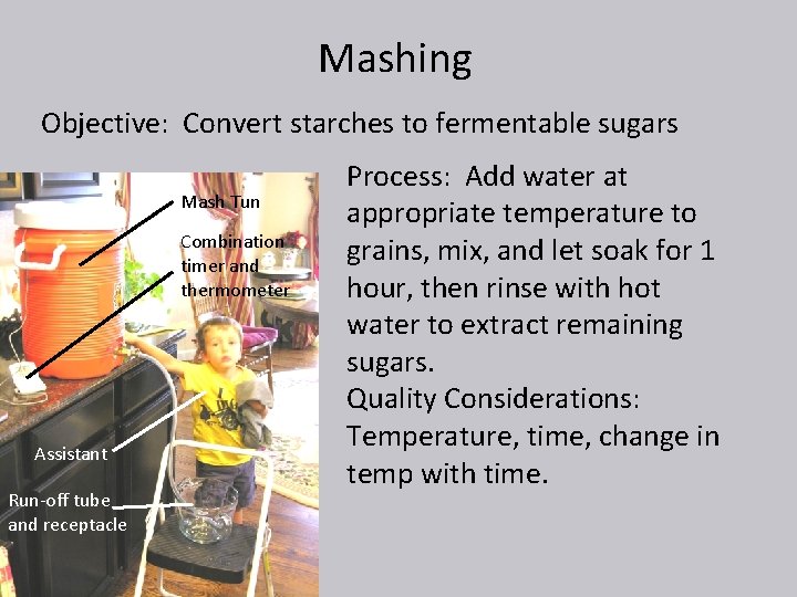 Mashing Objective: Convert starches to fermentable sugars Mash Tun Combination timer and thermometer Assistant