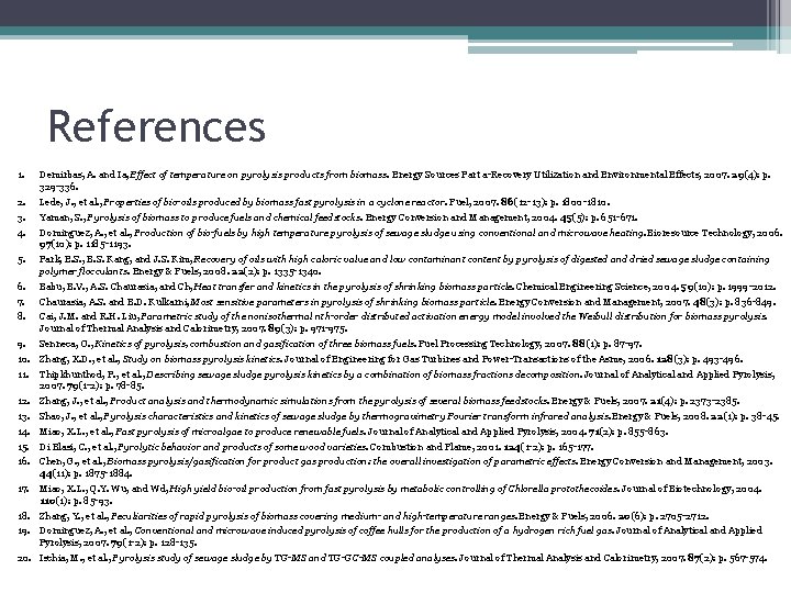 References 1. Demirbas, A. and Ia, Effect of temperature on pyrolysis products from biomass.