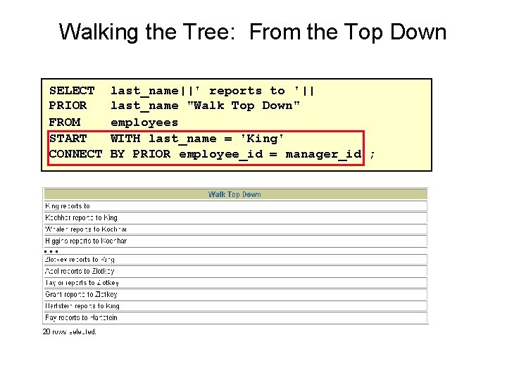 Walking the Tree: From the Top Down SELECT PRIOR FROM START CONNECT … last_name||'