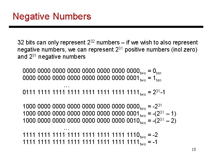 Negative Numbers 32 bits can only represent 232 numbers – if we wish to