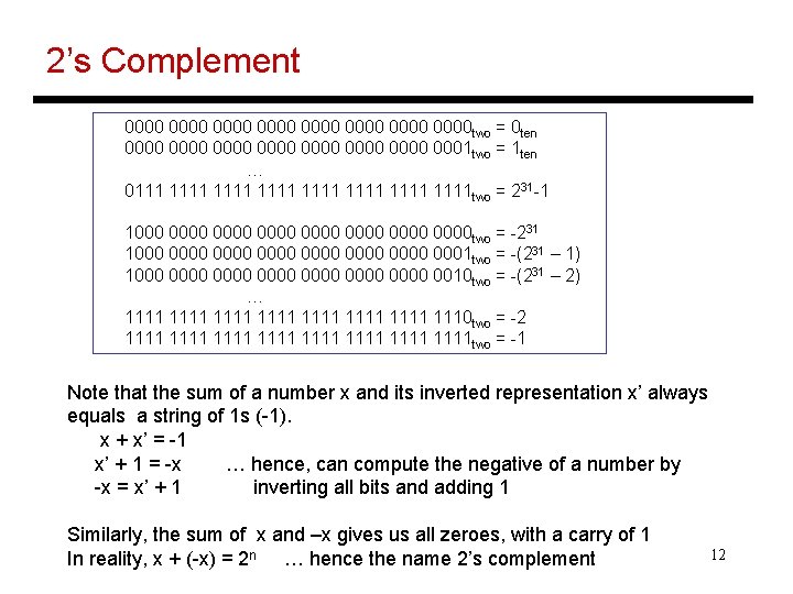 2’s Complement 0000 0000 two = 0 ten 0000 0000 0001 two = 1