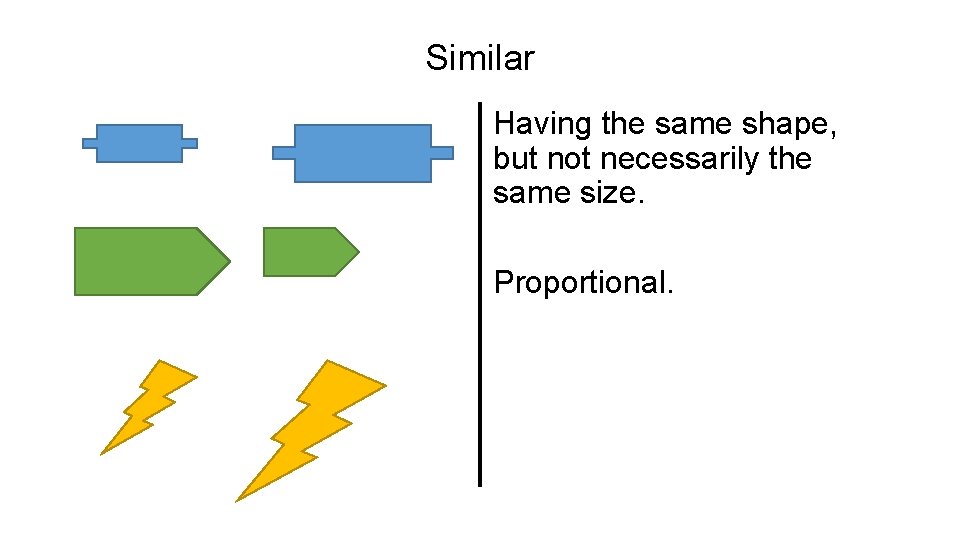 Similar Having the same shape, but not necessarily the same size. Proportional. 