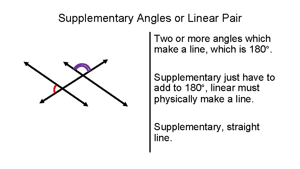 Supplementary Angles or Linear Pair Two or more angles which make a line, which