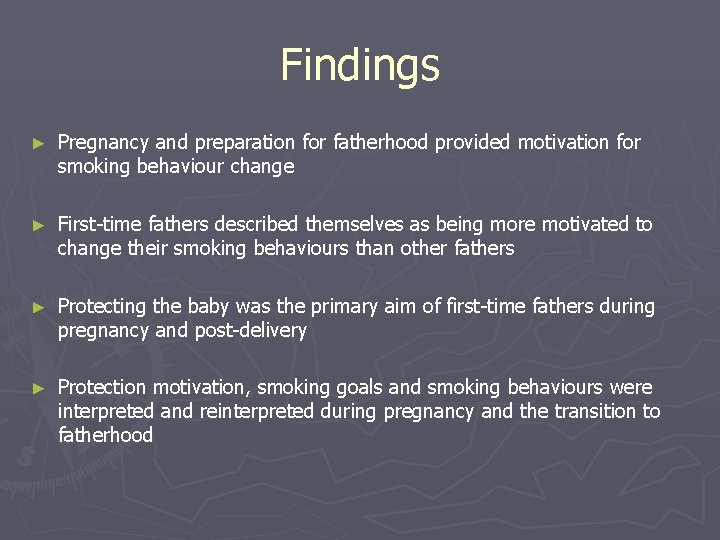 Findings ► Pregnancy and preparation for fatherhood provided motivation for smoking behaviour change ►