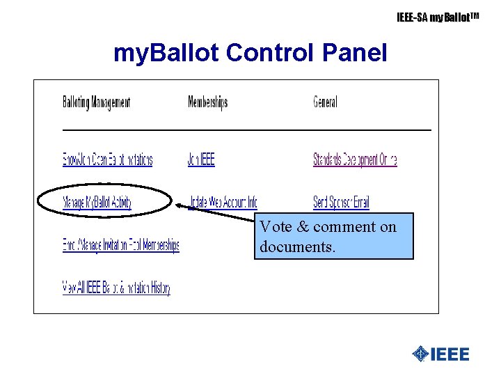 IEEE-SA my. Ballot. TM my. Ballot Control Panel Vote & comment on documents. 