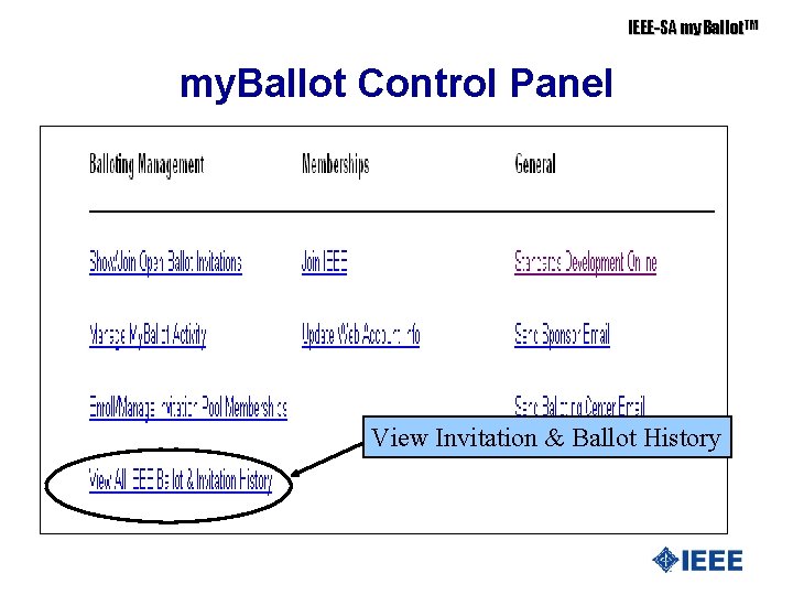 IEEE-SA my. Ballot. TM my. Ballot Control Panel View Invitation & Ballot History 