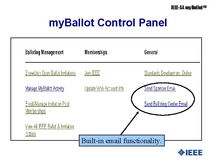 IEEE-SA my. Ballot. TM my. Ballot Control Panel Built-in email functionality. 