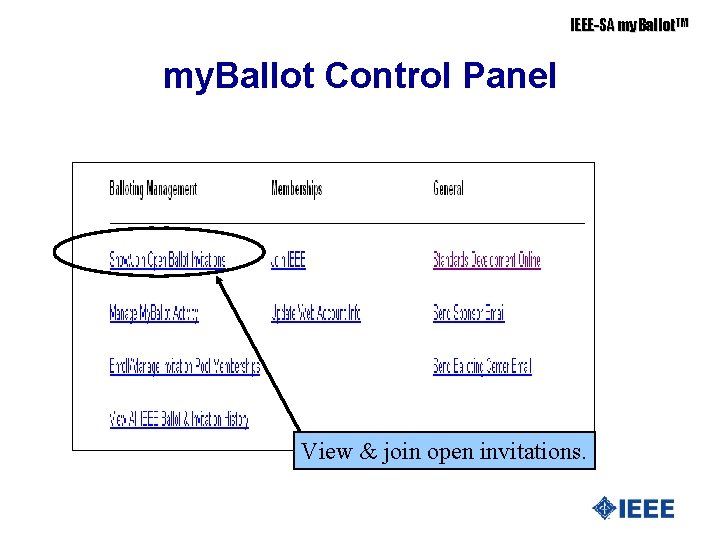 IEEE-SA my. Ballot. TM my. Ballot Control Panel View & join open invitations. 
