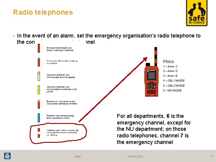 Radio telephones • In the event of an alarm, set the emergency organisation’s radio