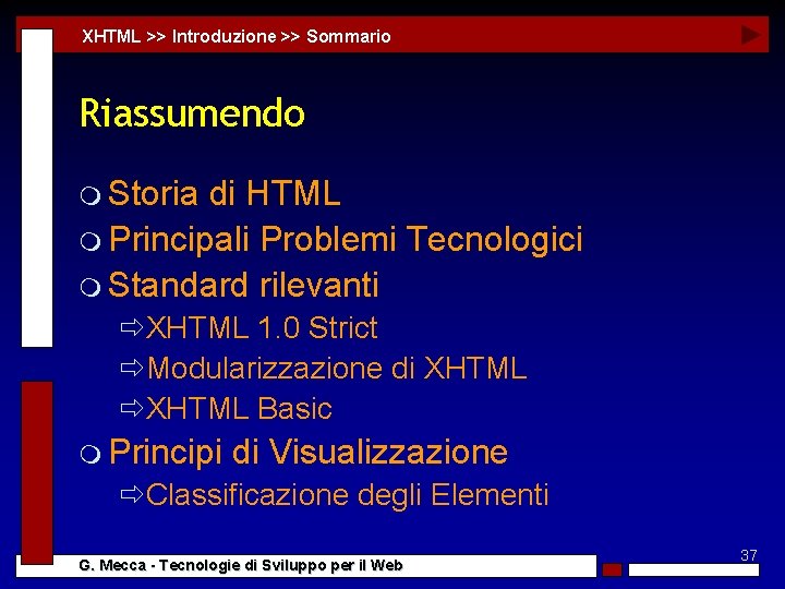 XHTML >> Introduzione >> Sommario Riassumendo m Storia di HTML m Principali Problemi Tecnologici