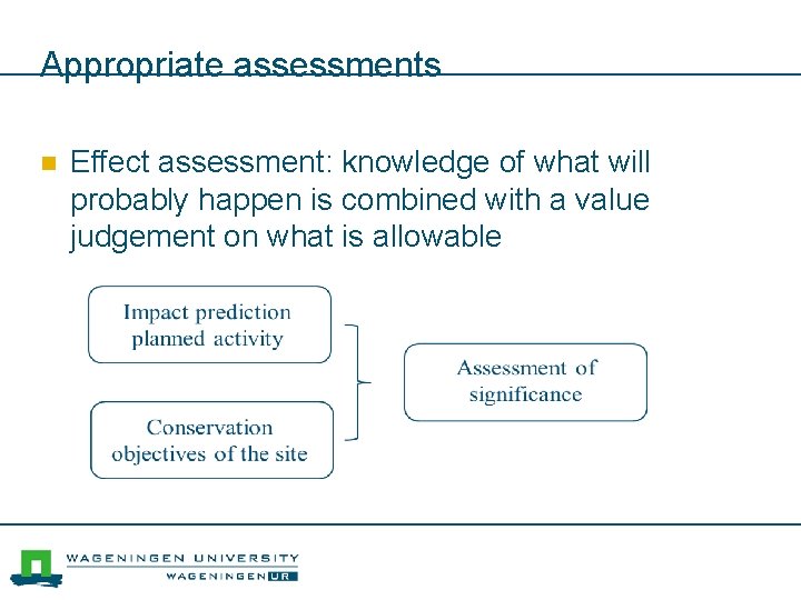 Appropriate assessments n Effect assessment: knowledge of what will probably happen is combined with