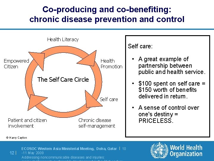 Co-producing and co-benefiting: chronic disease prevention and control Health Literacy Self care: Empowered Citizen