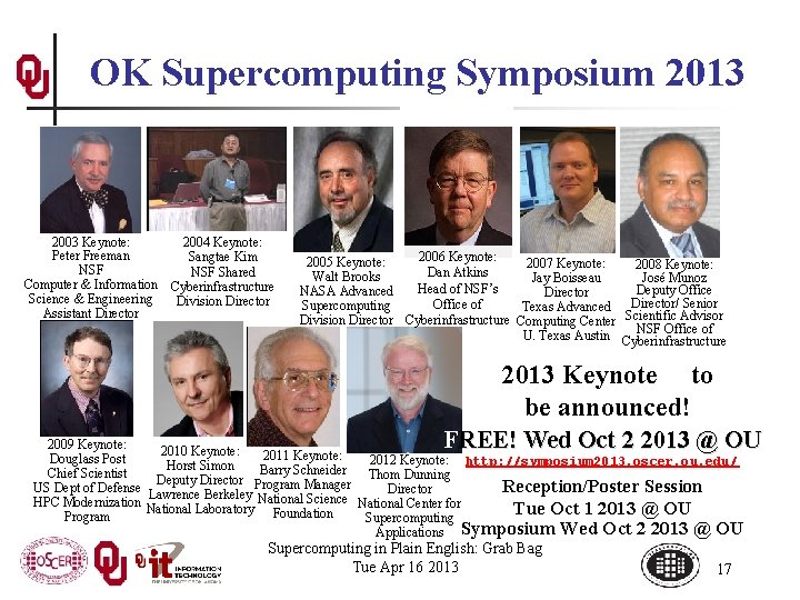 OK Supercomputing Symposium 2013 2004 Keynote: 2003 Keynote: Peter Freeman Sangtae Kim NSF Shared