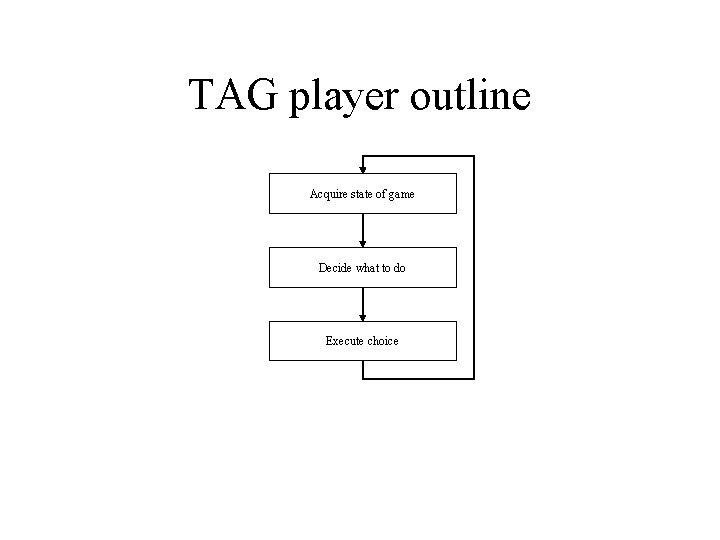 TAG player outline Acquire state of game Decide what to do Execute choice TAG player outline Acquire state of game Decide what to do Execute choice