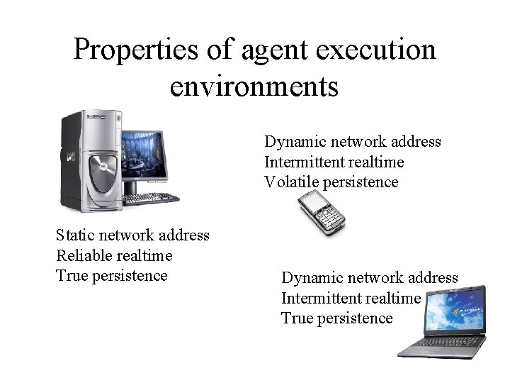 Properties of agent execution environments Dynamic network address Intermittent realtime Volatile persistence Static network Properties of agent execution environments Dynamic network address Intermittent realtime Volatile persistence Static network