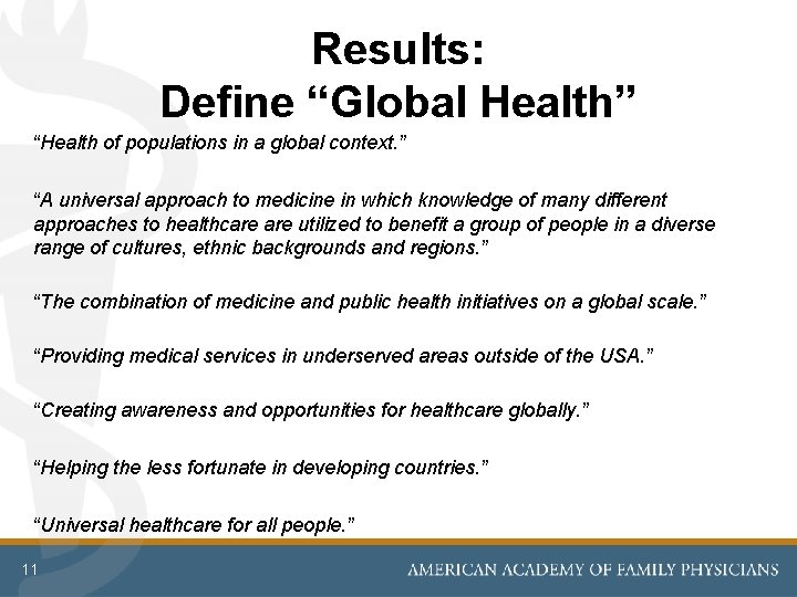 Results: Define “Global Health” “Health of populations in a global context. ” “A universal