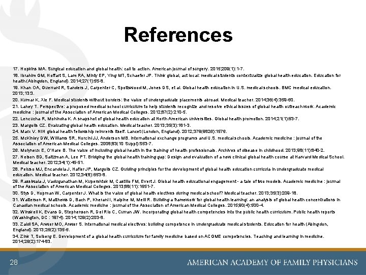 References 17. Hopkins MA. Surgical education and global health: call to action. American journal