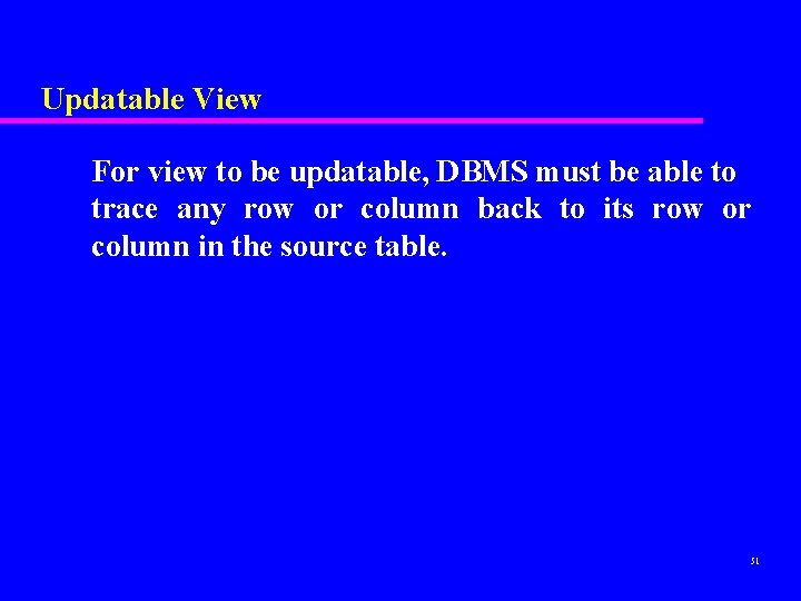 Updatable View For view to be updatable, DBMS must be able to trace any