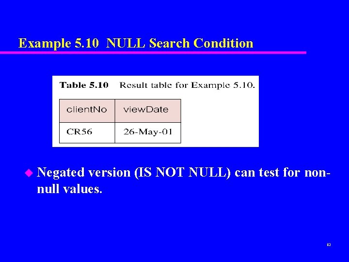 Example 5. 10 NULL Search Condition u Negated version (IS NOT NULL) can test