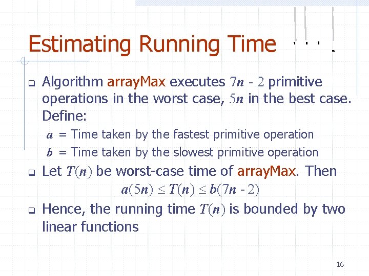 Estimating Running Time Algorithm array. Max executes 7 n - 2 primitive operations in