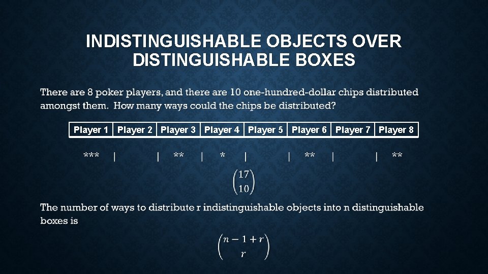 INDISTINGUISHABLE OBJECTS OVER DISTINGUISHABLE BOXES • Player 1 Player 2 Player 3 Player 4