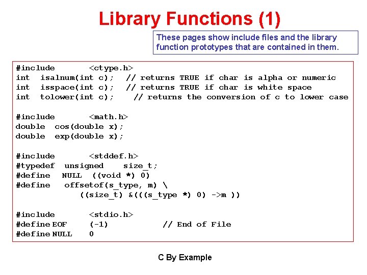 Library Functions (1) These pages show include files and the library function prototypes that