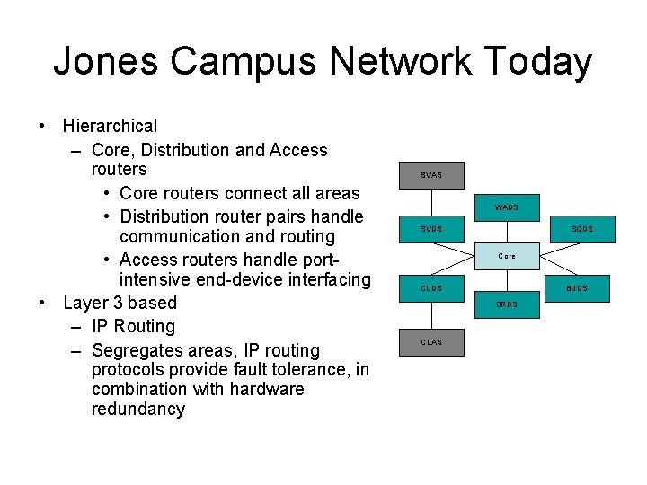 Jones Campus Network Today • Hierarchical – Core, Distribution and Access routers • Core