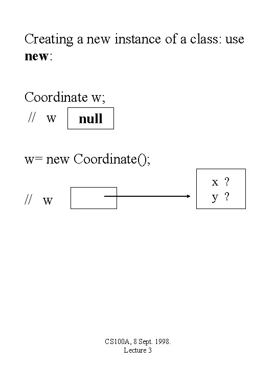 Creating a new instance of a class: use new: Coordinate w; // w null