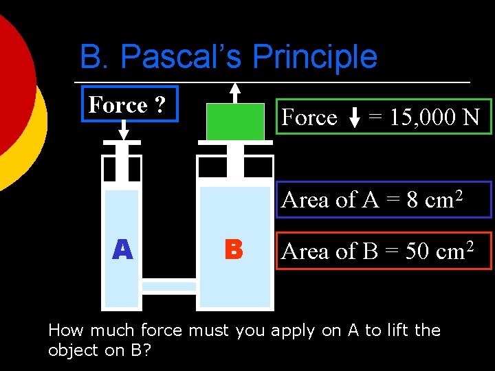 B. Pascal’s Principle Force ? Force = 15, 000 N Area of A =