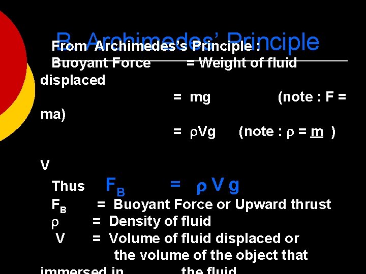 B. Archimedes’ Principle From Archimedes’s Principle : Buoyant Force = Weight of fluid displaced