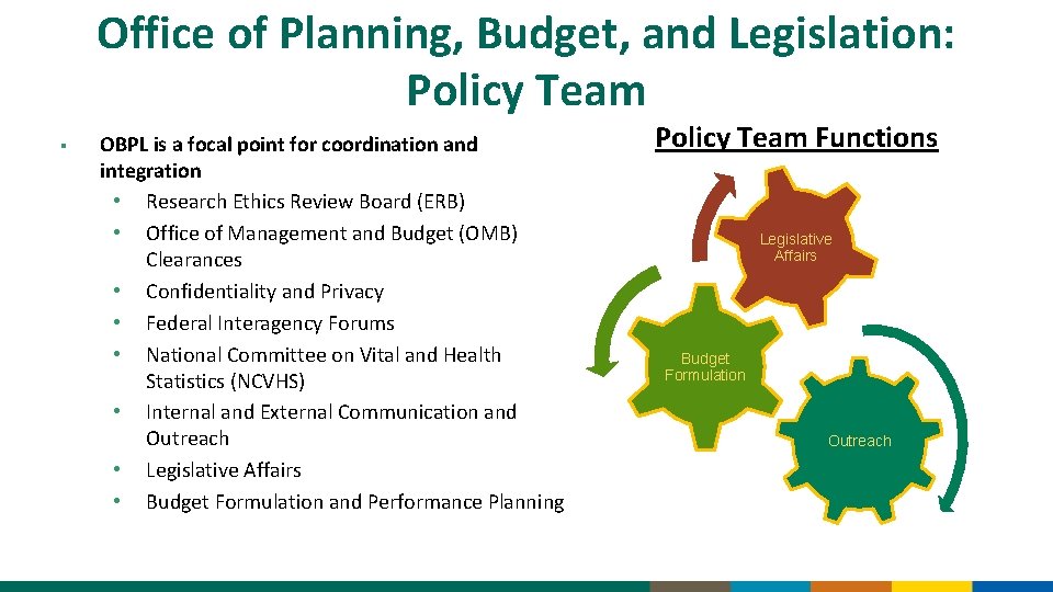 Office of Planning, Budget, and Legislation: Policy Team § OBPL is a focal point