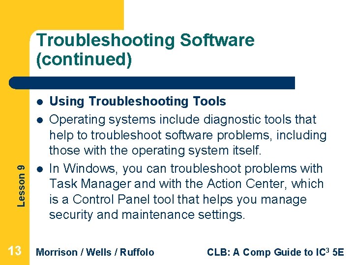 Troubleshooting Software (continued) l Lesson 9 l 13 l Using Troubleshooting Tools Operating systems