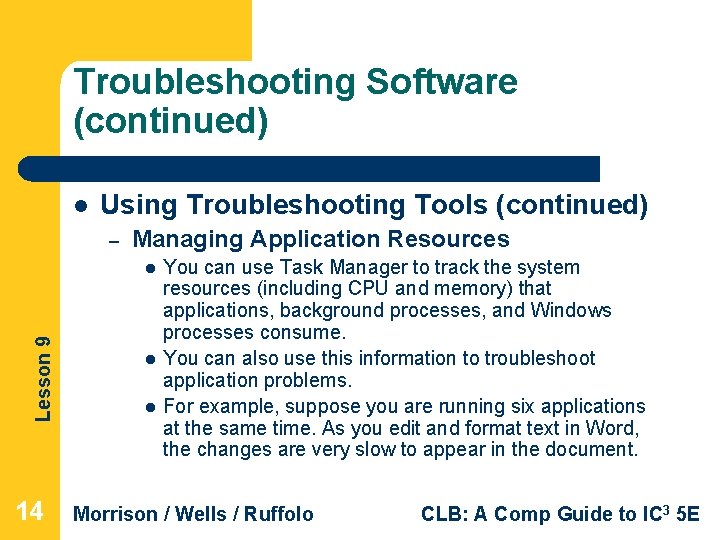 Troubleshooting Software (continued) l Using Troubleshooting Tools (continued) – Managing Application Resources Lesson 9