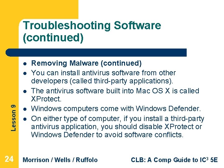 Troubleshooting Software (continued) l l Lesson 9 l 24 l l Removing Malware (continued)