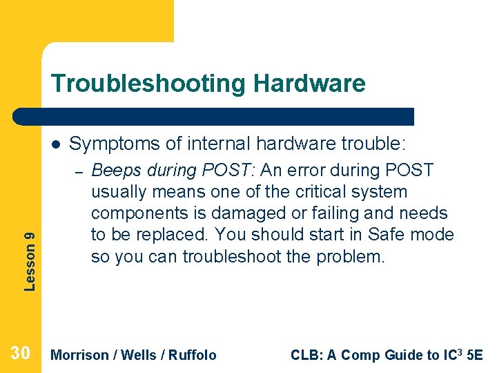 Troubleshooting Hardware l Symptoms of internal hardware trouble: Lesson 9 – 30 Beeps during