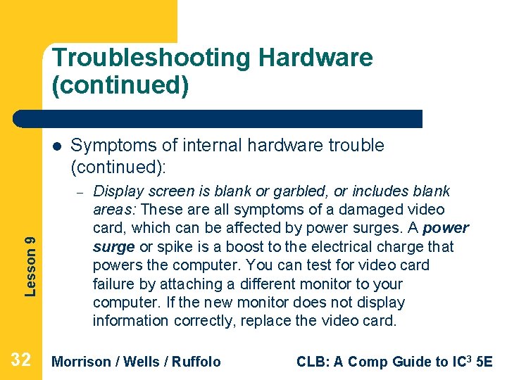 Troubleshooting Hardware (continued) l Symptoms of internal hardware trouble (continued): Lesson 9 – 32