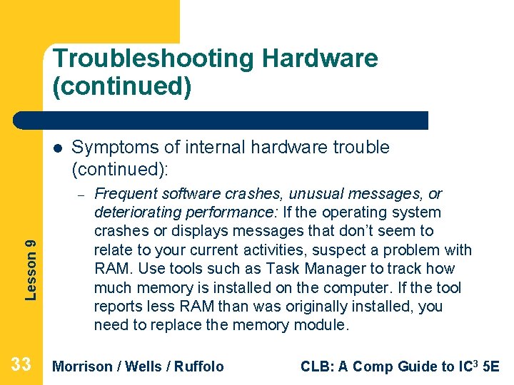 Troubleshooting Hardware (continued) l Symptoms of internal hardware trouble (continued): Lesson 9 – 33