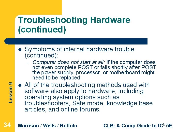 Troubleshooting Hardware (continued) l Symptoms of internal hardware trouble (continued): Lesson 9 – 34