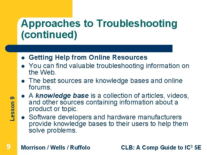 Approaches to Troubleshooting (continued) l l Lesson 9 l l Getting Help from Online
