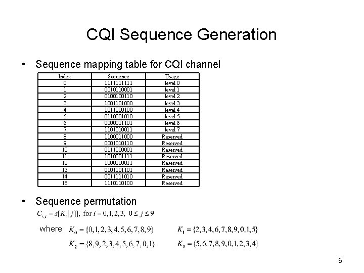CQI Sequence Generation • Sequence mapping table for CQI channel Index 0 1 2