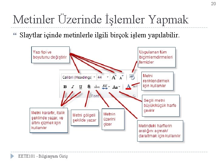 20 Metinler Üzerinde İşlemler Yapmak Slaytlar içinde metinlerle ilgili birçok işlem yapılabilir. EETE 101