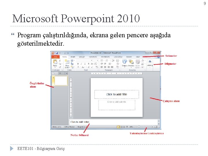 9 Microsoft Powerpoint 2010 Program çalıştırıldığında, ekrana gelen pencere aşağıda gösterilmektedir. EETE 101 -