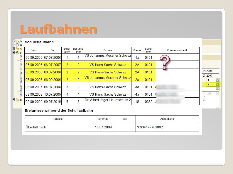 Laufbahnen Schülerstand LSJ – Stufe / Klasse und Stichtag Auswertungen Dynamische Suche Laufbahnen kontrollieren