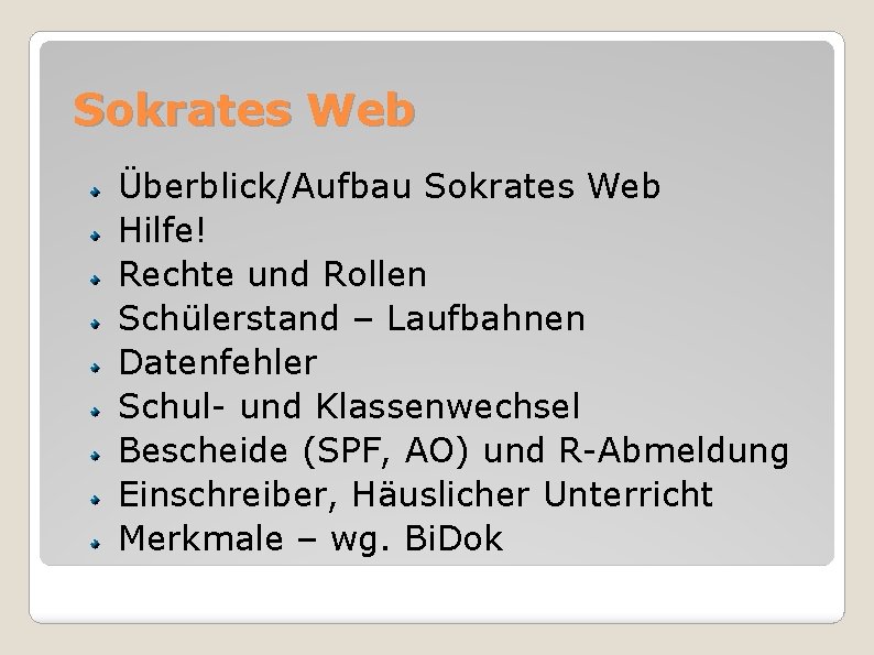 Sokrates Web Überblick/Aufbau Sokrates Web Hilfe! Rechte und Rollen Schülerstand – Laufbahnen Datenfehler Schul-