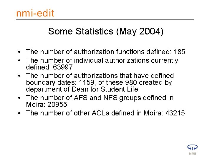 Some Statistics (May 2004) • The number of authorization functions defined: 185 • The