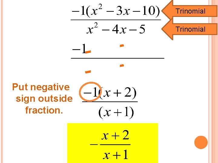 Trinomial Put negative sign outside fraction. 