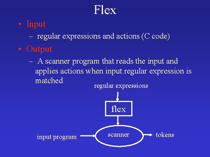 Flex • Input – regular expressions and actions (C code) • Output – A
